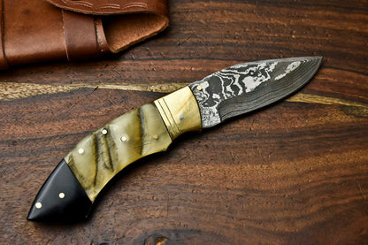 HS-1138 Custom Handmade Damascus Steel Blade Liner-Lock Pocket Folding Knife| RAM'S HORN