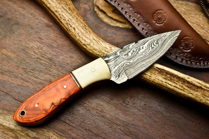 HS-690 Custom Handmade Damascus Steel Skinner Knife - Beautiful Hard Wood And Bone Handle