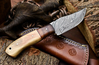 HS-703 Custom Handmade Damascus Steel Skinner Knife - Beautiful Wood Handle