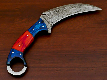 HS-886 HANDMADE DAMASCUS CUSTOM PAKKA WOOD KARAMBIT HUNTING KNIFE