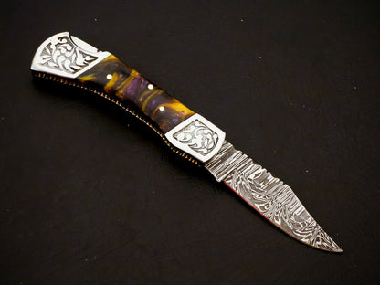 HS-1108 Custom Hand Forged Damascus Steel Back Lock Resin Handle Knife