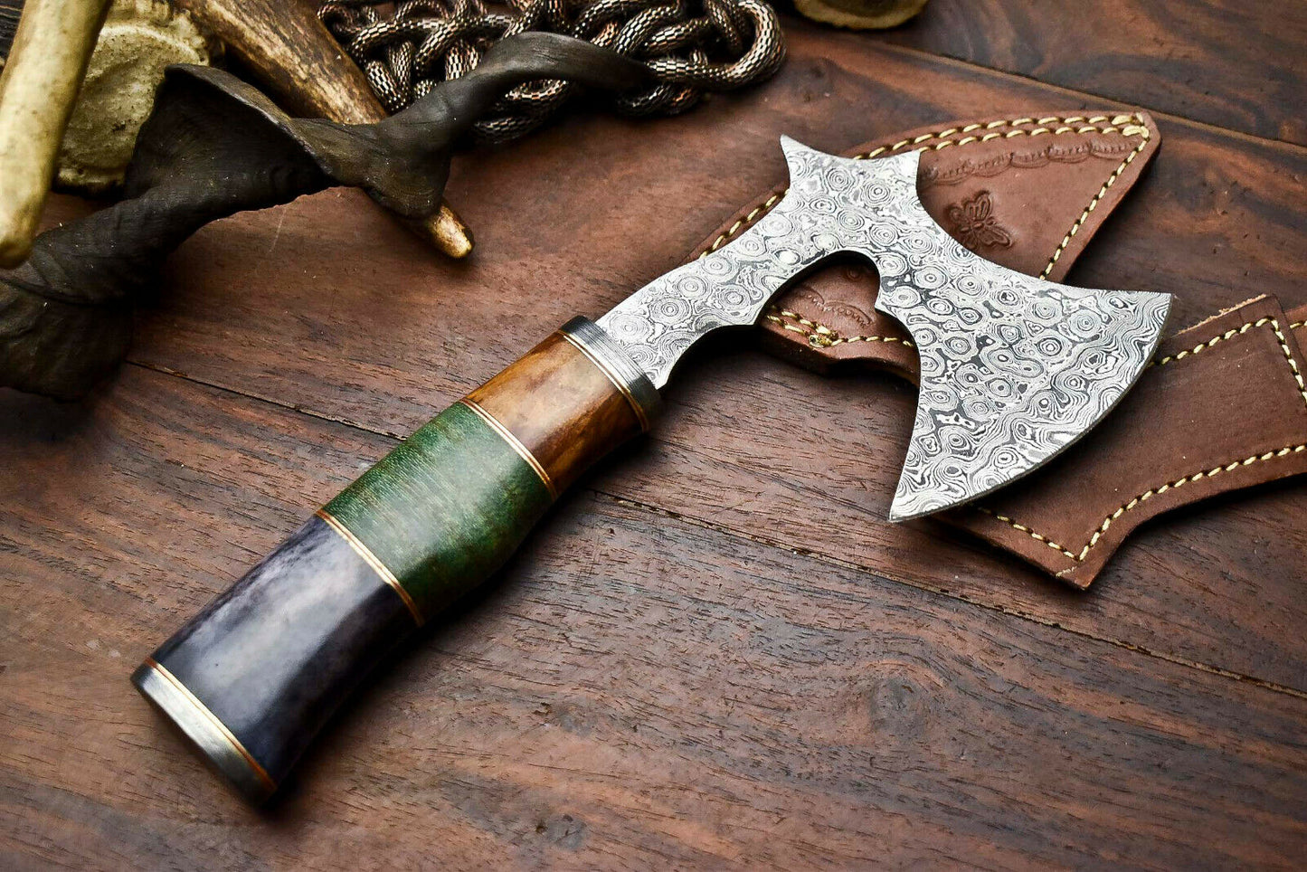 HS-1056 | Custom Hand Made Damascus Blade Hunting Hatchet Mini Viking Axe | Camel Bone & Wood