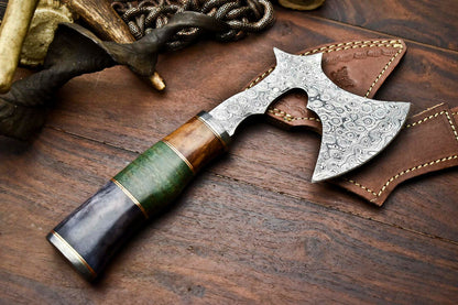 HS-1056 | Custom Hand Made Damascus Blade Hunting Hatchet Mini Viking Axe | Camel Bone & Wood