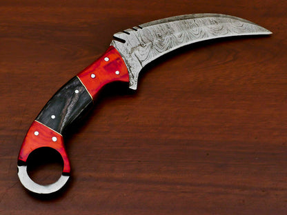 HS-885 HANDMADE DAMASCUS CUSTOM PAKKA WOOD KARAMBIT HUNTING KNIFE -
