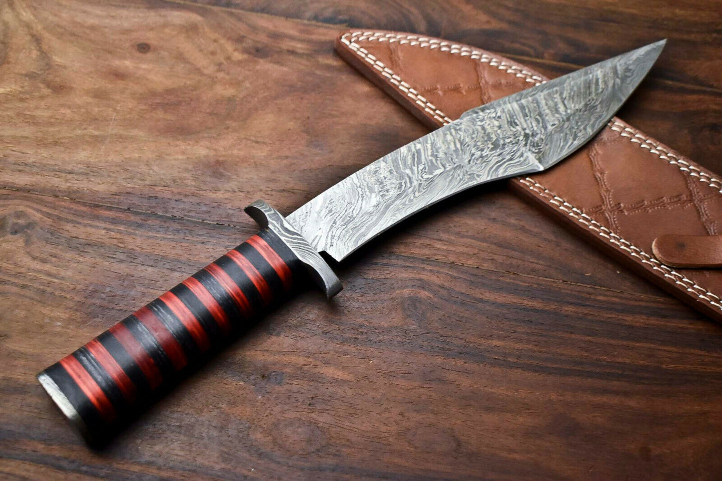 HS-324 | Custom Handmade Damascus Steel Bowie Knife - Beautiful Hard Wood Handle