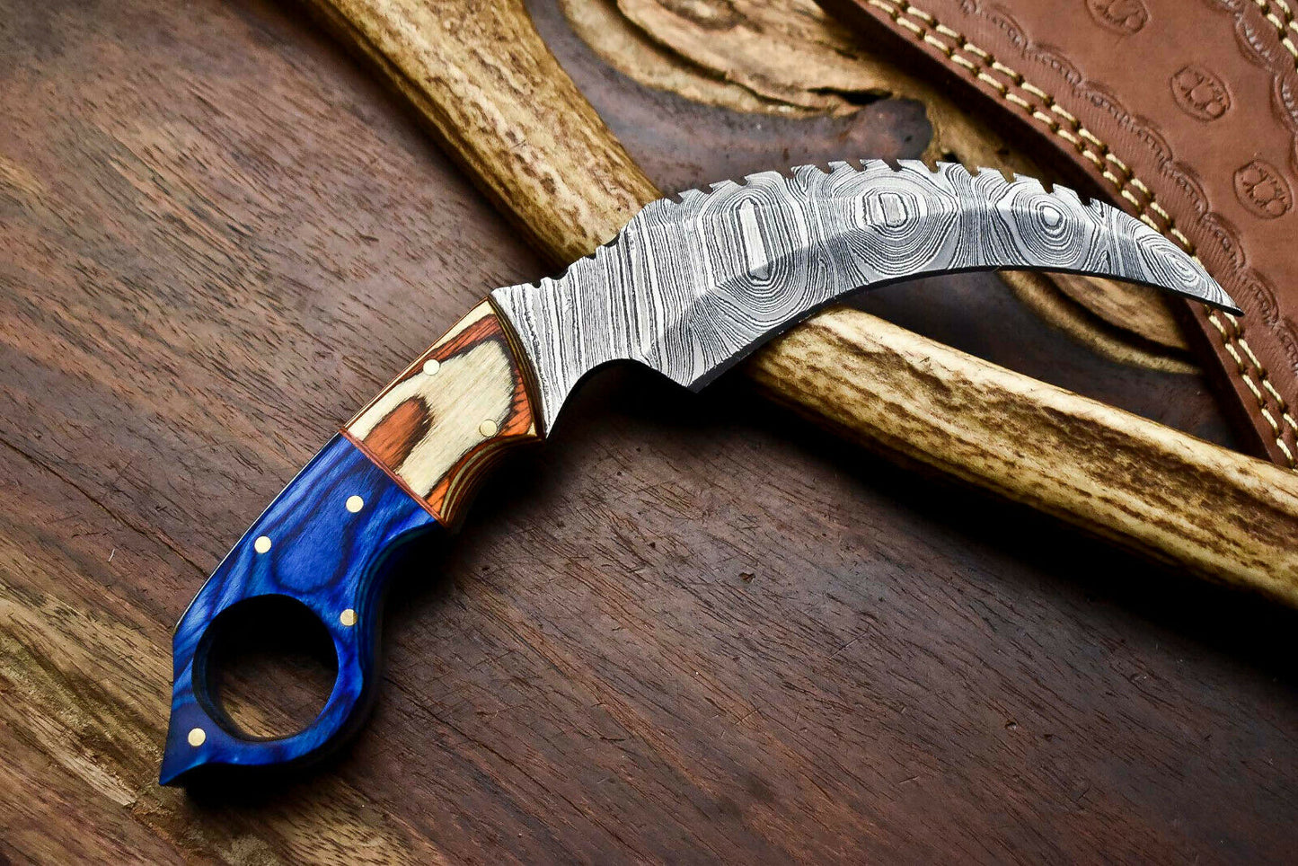 HS-908 Custom Handmade Damascus Steel Karambit Knife - Beautiful Micarta Wood Handle