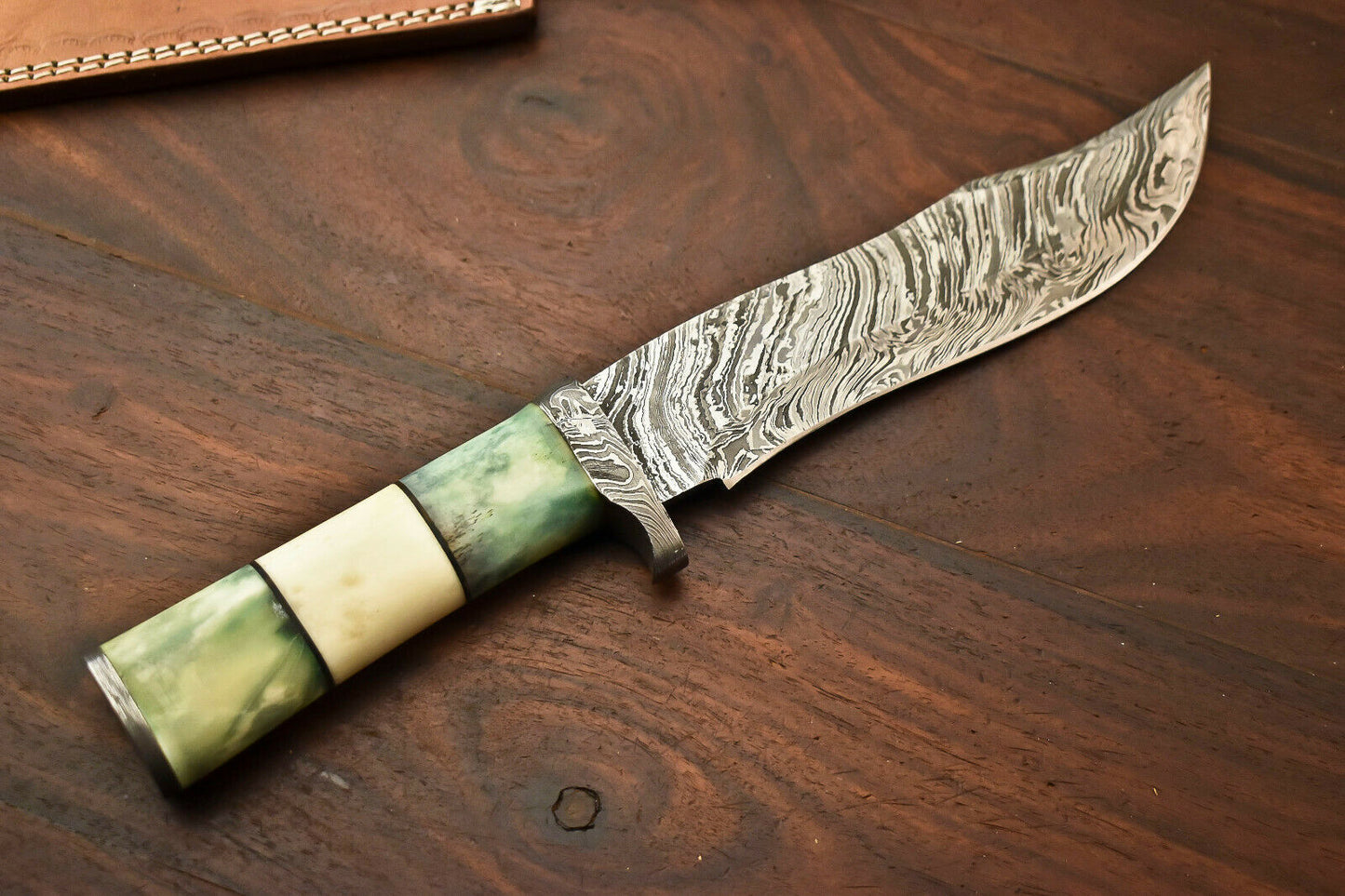 HS-329 | Custom Handmade Damascus Steel Hunitng/Bowie Knife - Colour Camel Bone Handle