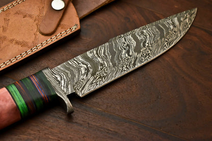 HS-330 | Custom Handmade Damascus Steel Hunitng/Bowie Knife - Colour Camel Bone Handle