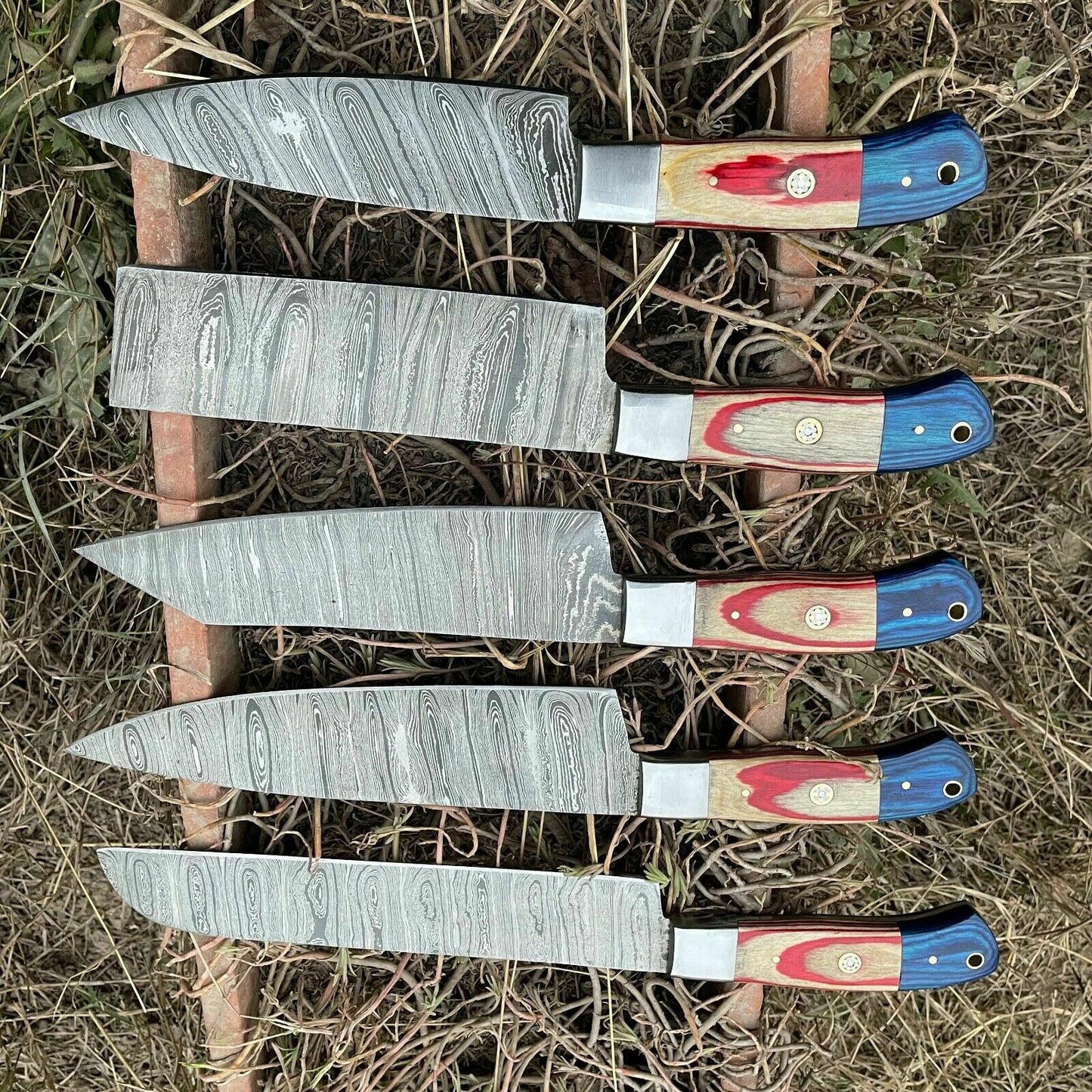 HS-129 '' Hand Forged Damascus Steel Hunting Chef Kitchen Knife Set W/ Sheath