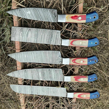 HS-129 '' Hand Forged Damascus Steel Hunting Chef Kitchen Knife Set W/ Sheath
