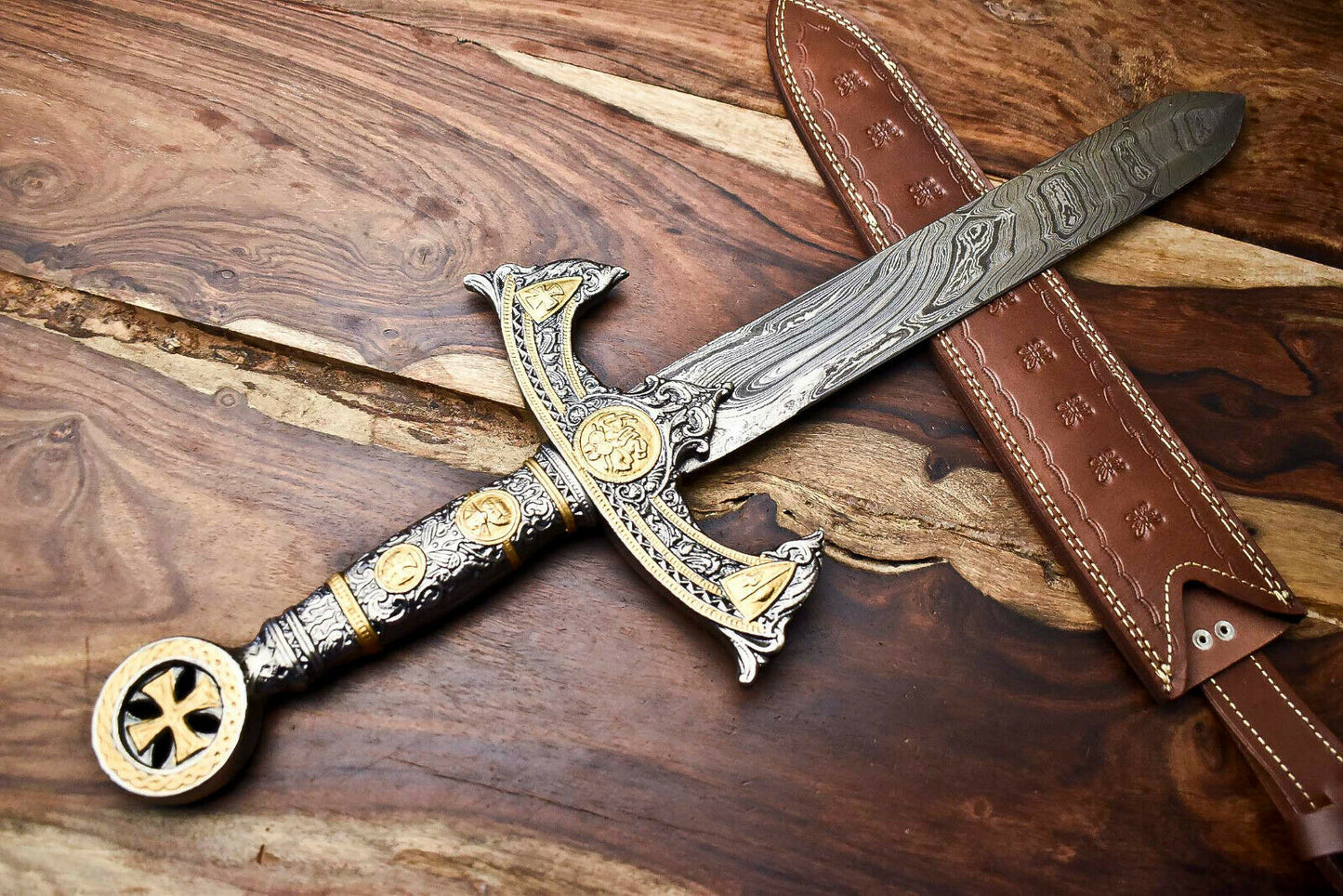 HS-1095 | 24.0" HUGE Custom Hand Made Damascus Steel Blade Dagger Sword | Pewter Handle