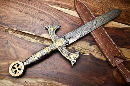 HS-1095 | 24.0" HUGE Custom Hand Made Damascus Steel Blade Dagger Sword | Pewter Handle