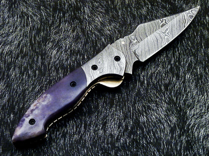 Damascus Pocket Folding Knife – Stained Camel Bone | Liner Lock | HS-1123