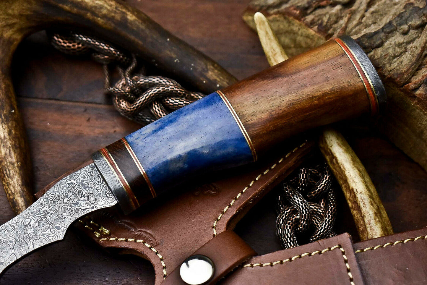 HS-1057 | Custom Hand Made Damascus Blade Hunting Hatchet Mini Viking Axe | Camel Bone & Wood