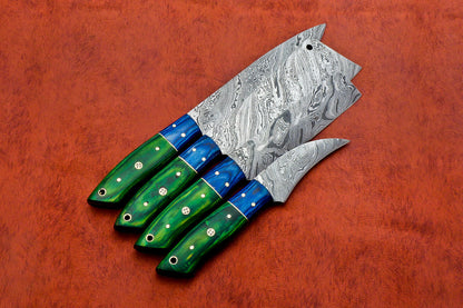 HS-145 Custom Handmade Damascus Steel 4 Pc's Chef Set with Blue and Green Wood Handlei