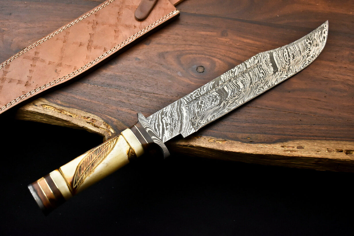 HS-334 | Custom Handmade Damascus Steel Hunitng/Bowie Knife - Engraved Camel Bone Handle