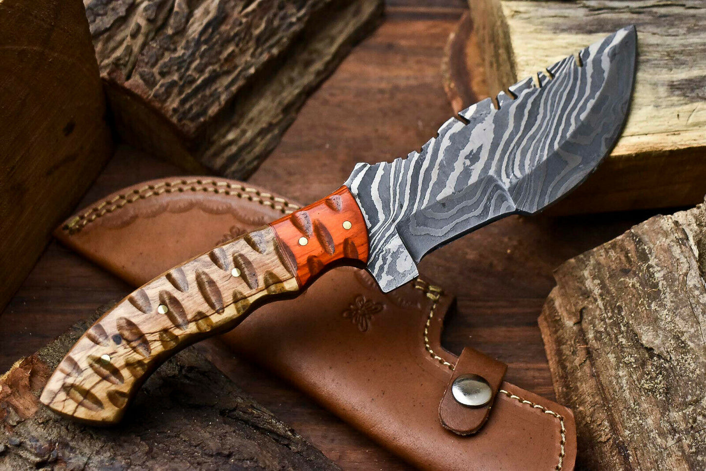 HS-919 Custom Handmade Damascus Hunting Blade Hunter Camping Tracker Full Tang Knife