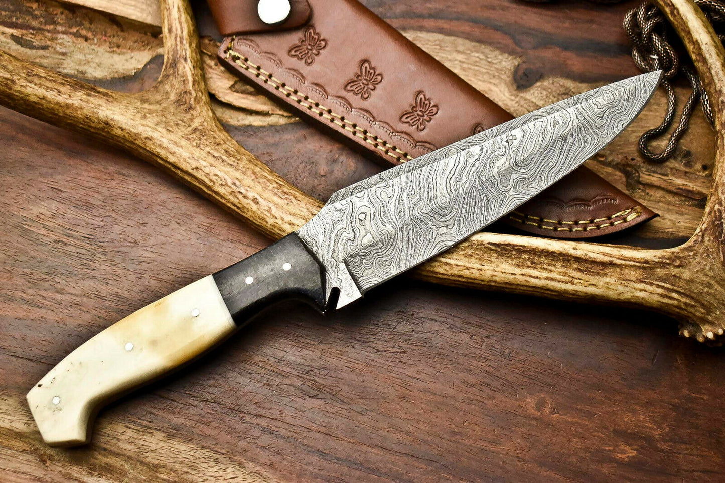 HS-403 | Custom Handmade Awesome Camel Bone/Black Sheet Handle Damascus Steel Hunting Knife - Great Price
