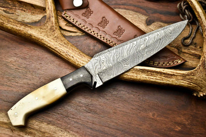 HS-403 | Custom Handmade Awesome Camel Bone/Black Sheet Handle Damascus Steel Hunting Knife - Great Price