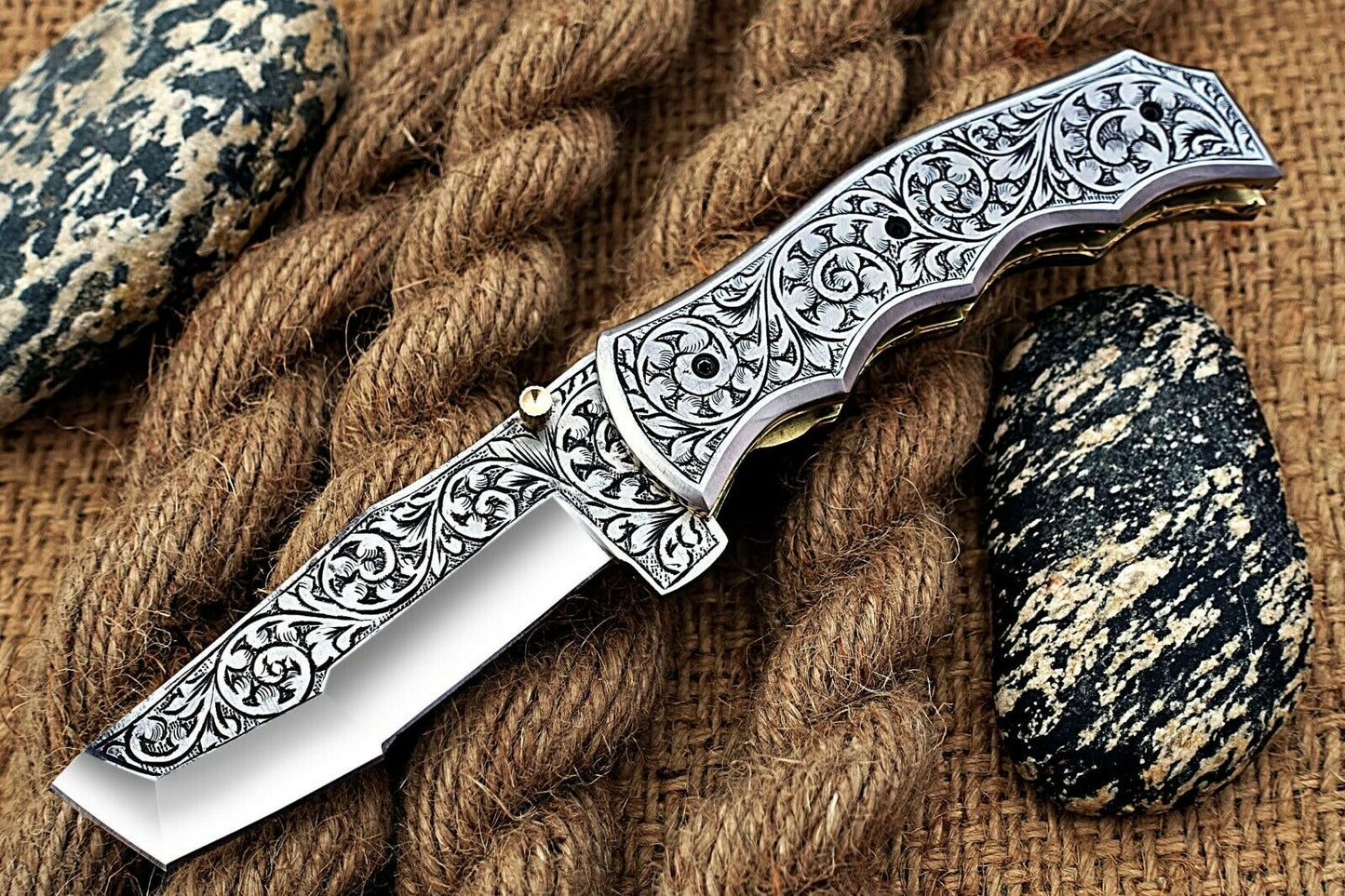 Custom Hand Engraved Folding-Pocket Knife Life Time Used With Engraved Handle