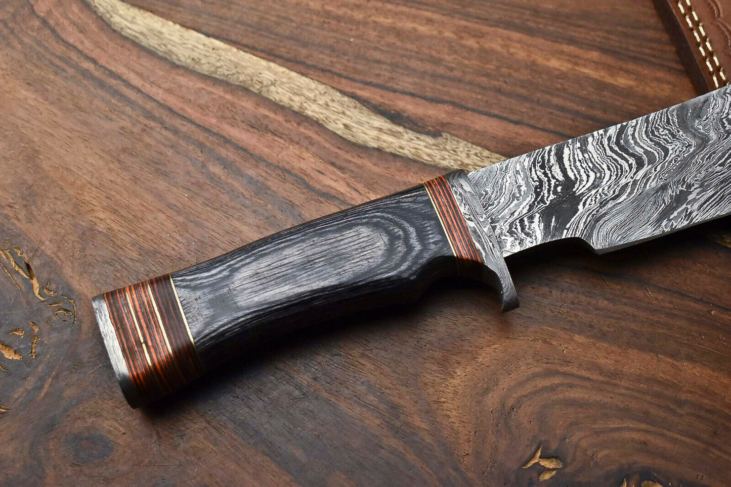 HS-317 Custom Hand Made Damascus Steel Blade Bowie Hunting Knife | HARD WOOD