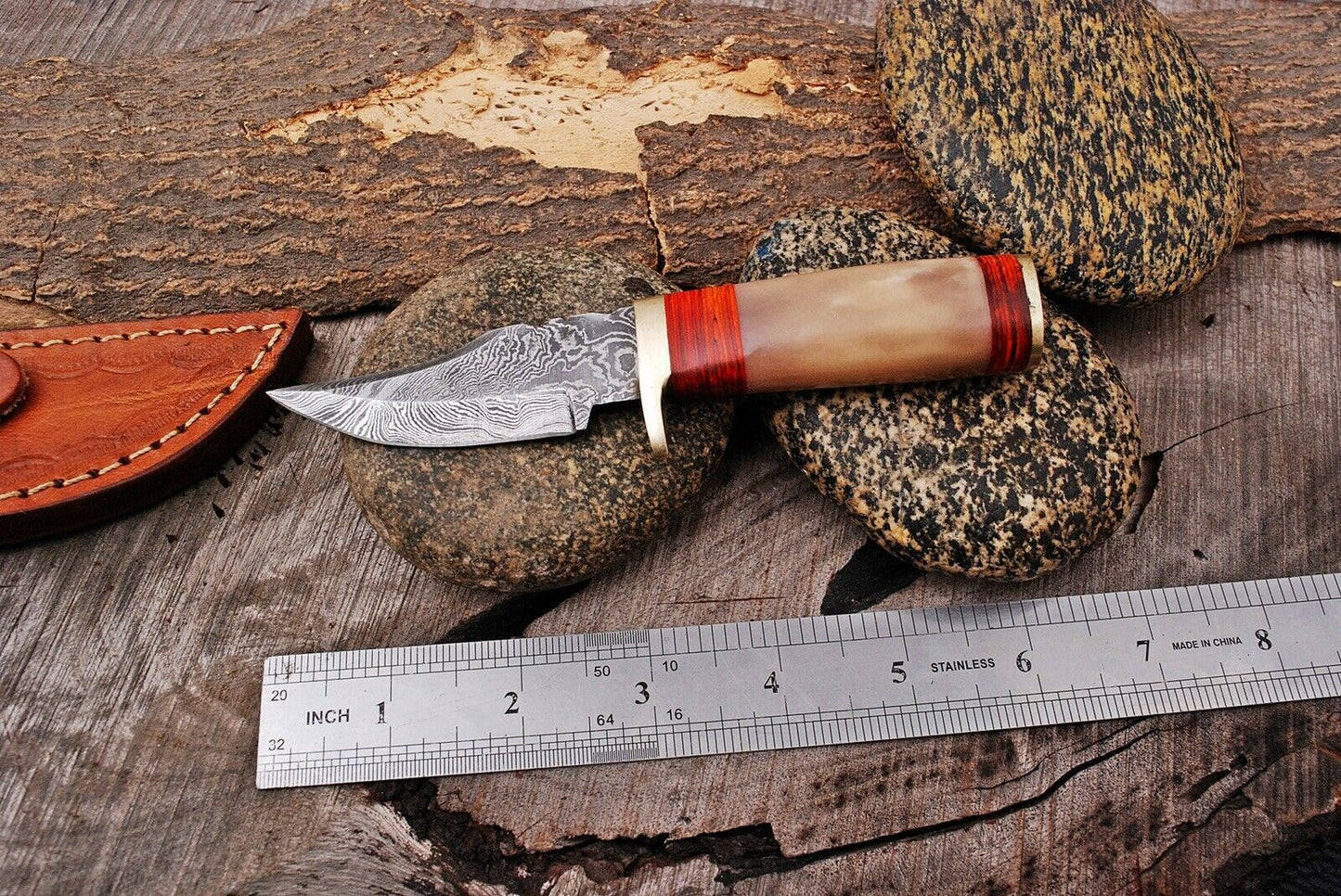 HS-793 Six Inch Custom Handmade Damascus Skinner Knife With Bone Handle