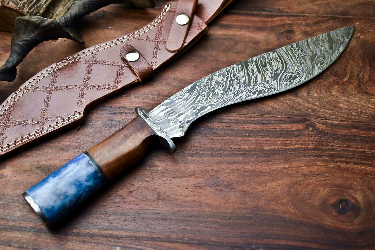 HS-866 Custom Handmade Damascus Steel Hunitng/Kukri Knife - Wood & Bone Handle