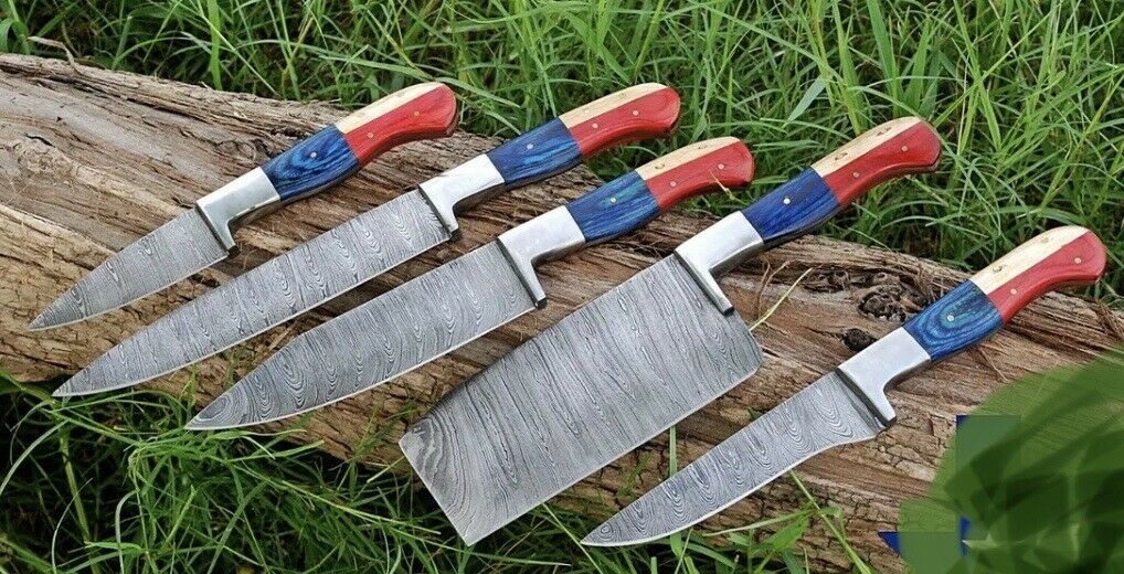 HS-198 Custom Handmade Damascus Chef-Kitchen Knives Five Pieces Set With Wood Handle