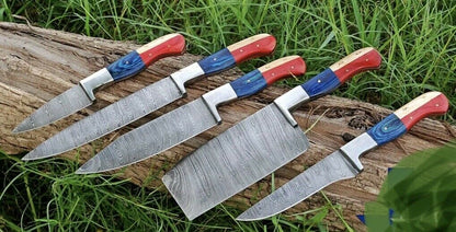 HS-198 Custom Handmade Damascus Chef-Kitchen Knives Five Pieces Set With Wood Handle