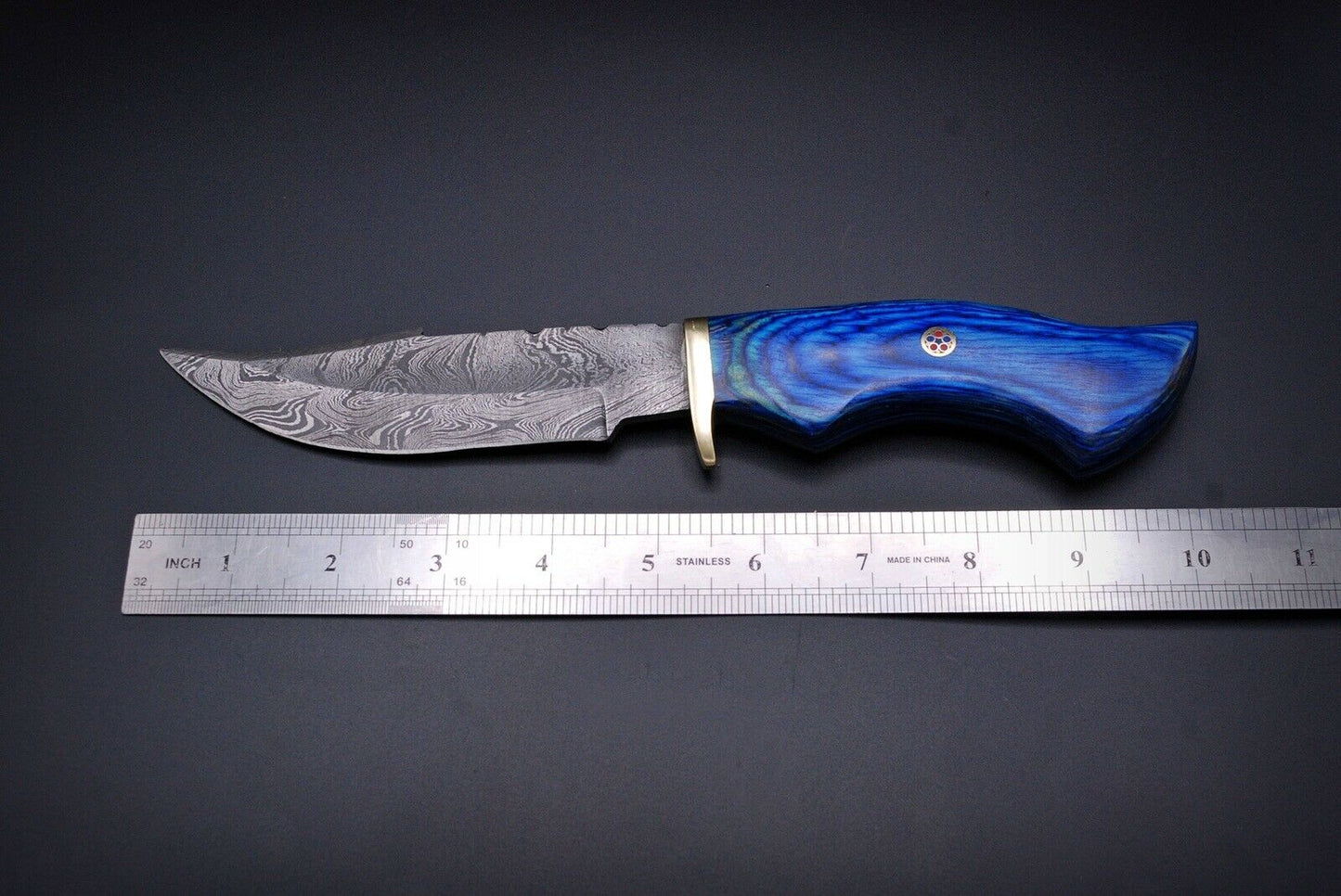 HS-445 | Ten Inch Custom Handmade Damascus Steel Hunting knife - Blue Wood Handle