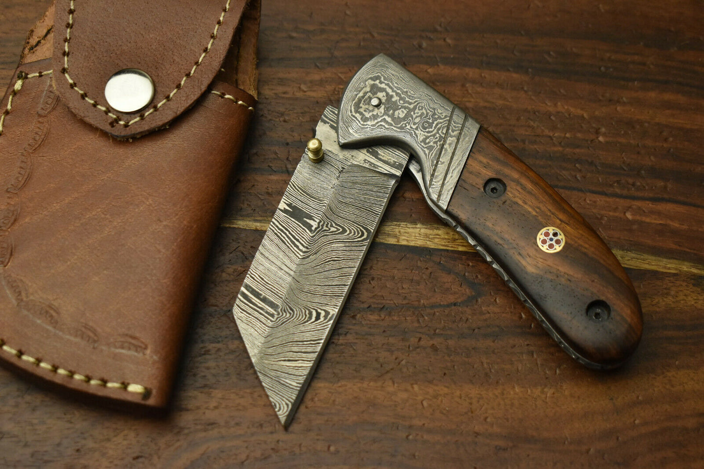 Custom Handmade Damascus Steel Blade Liner-Lock Pocket Folding Knife| HARD WOOD