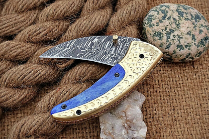 Custom Handmade Damascus Folding-Pocket Knife With Blue Colour Bone+Engraved Handle