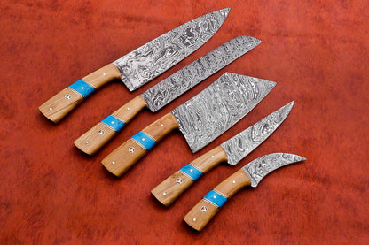 Hs-138 Custom Handmade Damascus Steel 5 Pc's Chef Set with Turquoise and Wood Handle