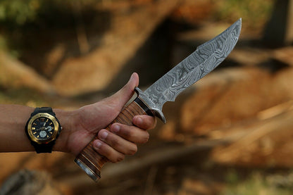 HS-366 '' 12", Damascus Steel Knife, Exotic Rosewood & Stacked Leather handle with pouch.