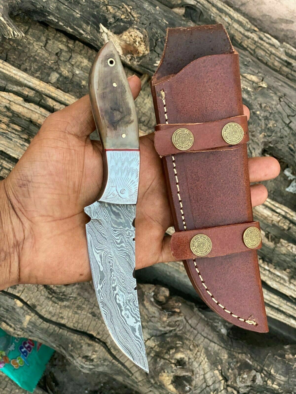 HS-771 Handmade Damascus Steel Hunting Engraved Eagle Skinner Knife "Ram Horn Handle"11