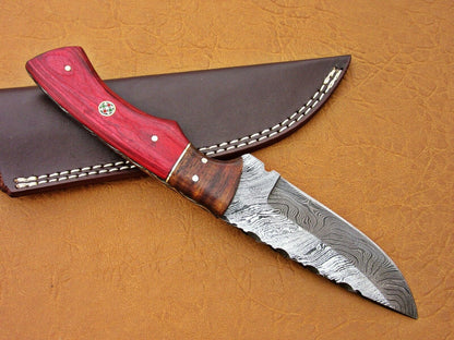 HS-768 Custom Handmade Damascus Skinner Knife With Hard Wood & Rose Wood Hanlde