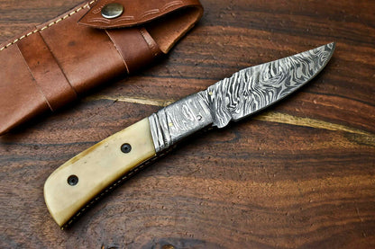 HS-1140 Custom Handmade Damascus Steel Blade Liner-Lock Pocket Folding Knife| CAMEL BONE