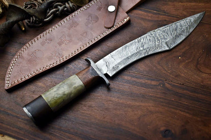 HS-326 | Custom Handmade Damascus Steel Bowie/Hunting Knife - Camel Bone Handle