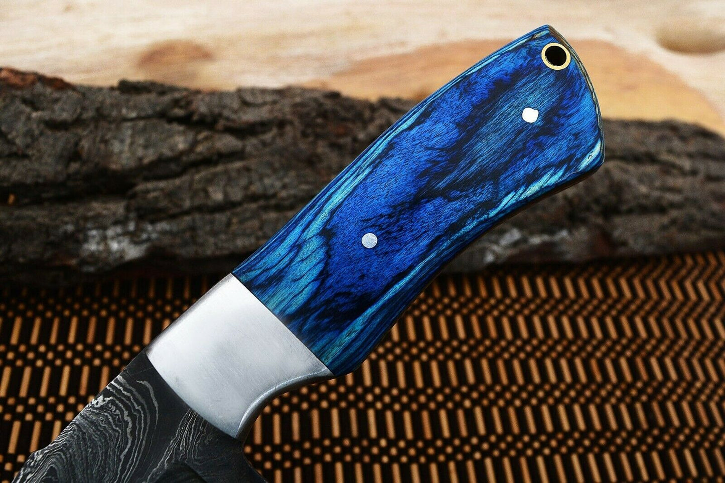 HS-798 Custom Handmade Damascus Skinner Knife With Awesome Blue Hard Wood Handle