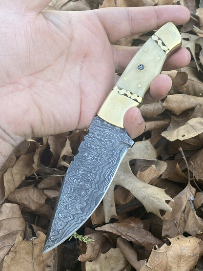 HS-446 | Custom Handmade Damascus Steel Hunting knife - Brass & Bone Handle