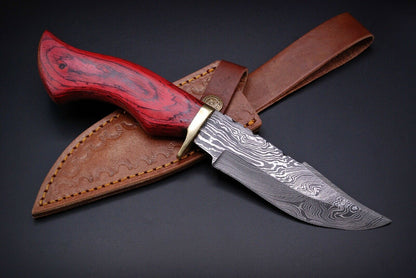HS-444 | Ten Inch Custom Handmade Damascus Steel Hunting knife - Red Wood Handle