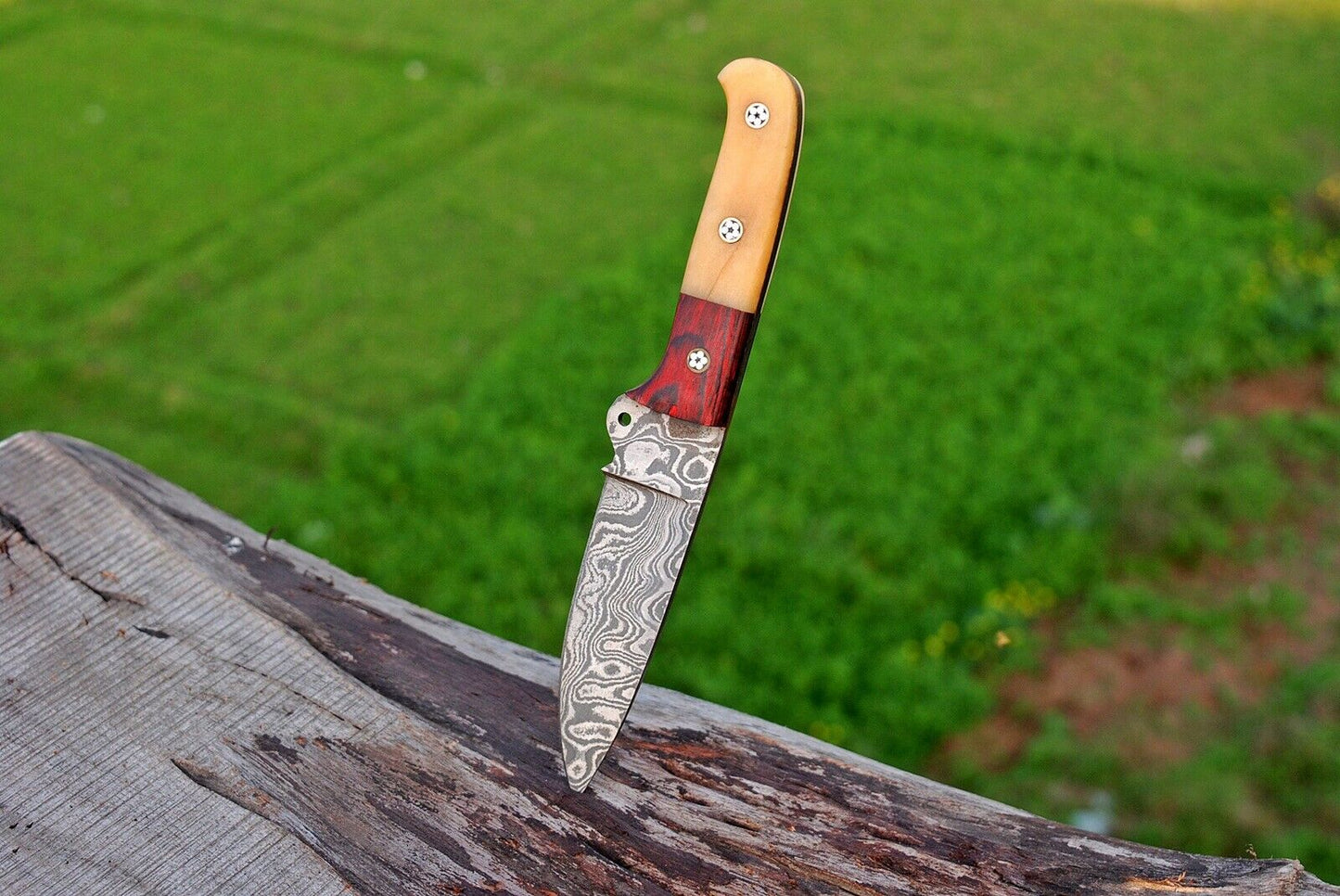HS-726 Custom Handmade Damascus Steel Skinner Knife - Hard Wood + Bone Handle