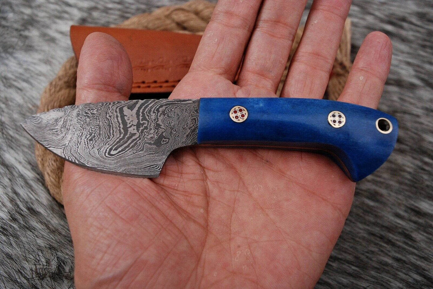 HS-737 Custom Handmade Damascus Steel Mini Skinner Knife - Blue Bone Handle