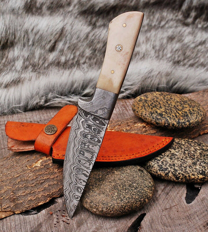 HS-433 | Custom Handmade Damascus Steel Hunitng Knife - Camel Bone Handle