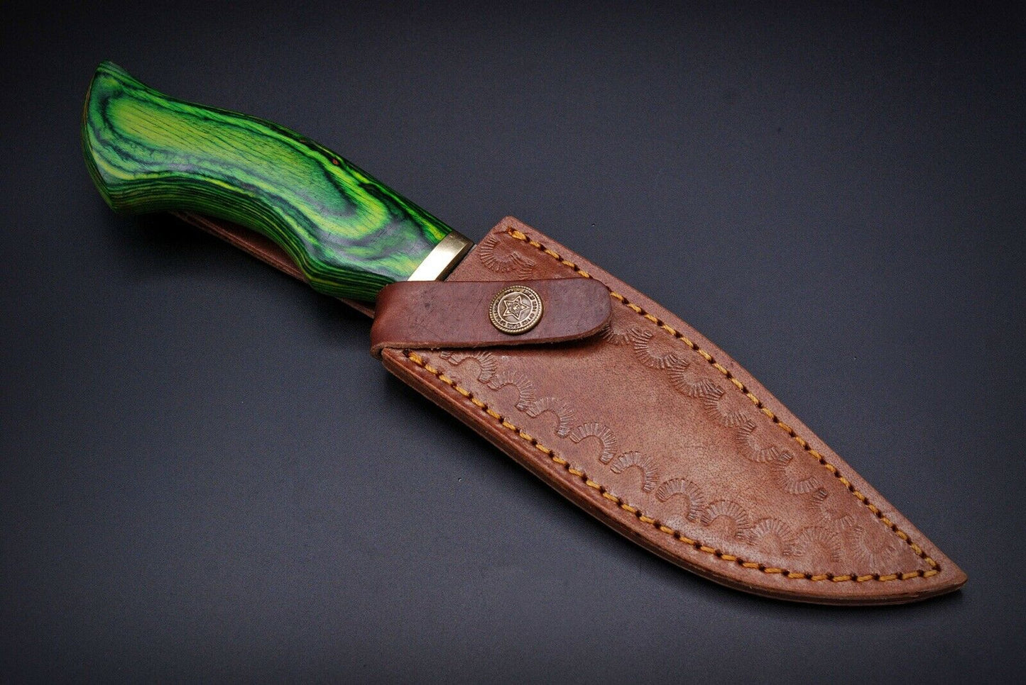 HS-443 | Ten Inch Custom Handmade Damascus Steel Hunting knife - Green Wood Handle