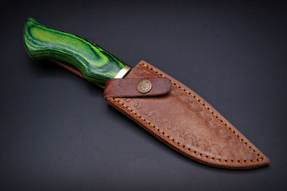 HS-443 | Ten Inch Custom Handmade Damascus Steel Hunting knife - Green Wood Handle