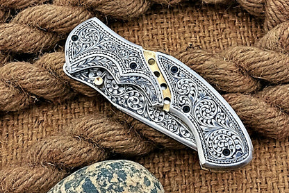 Custom Made Hand Engraved Folding-Pocket Knife Life Time Used With Very Good Price