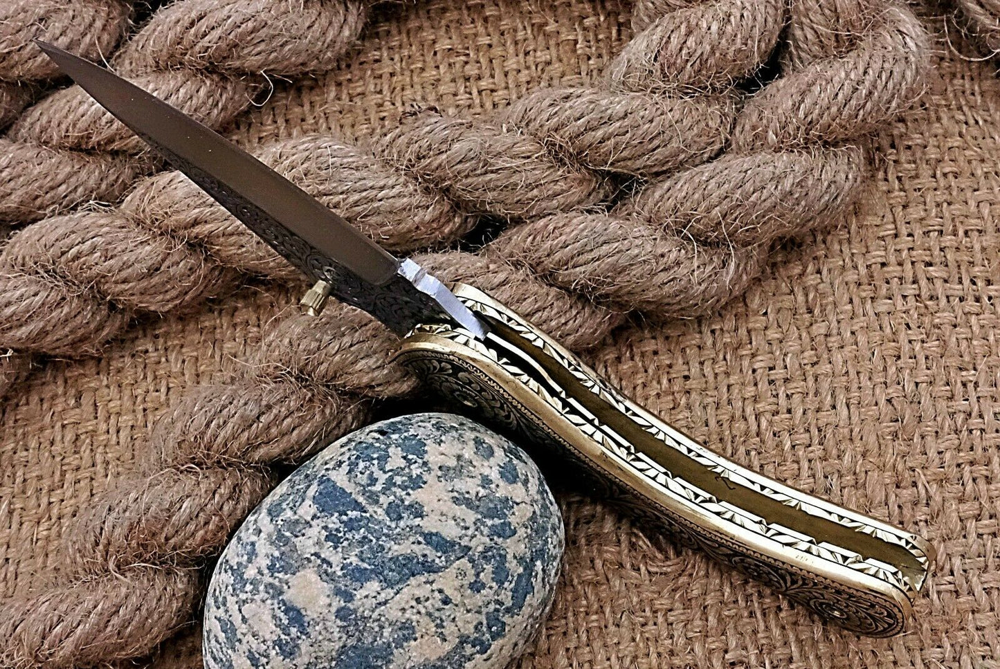 Hand Engraved Brass Handle Folding Pocket Knife — Lifetime Use