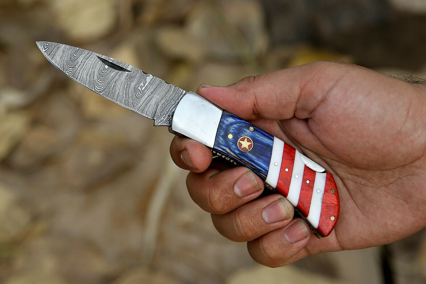 Custom Handmade Damascus Folding-Pocket Knife With American Flag Handle