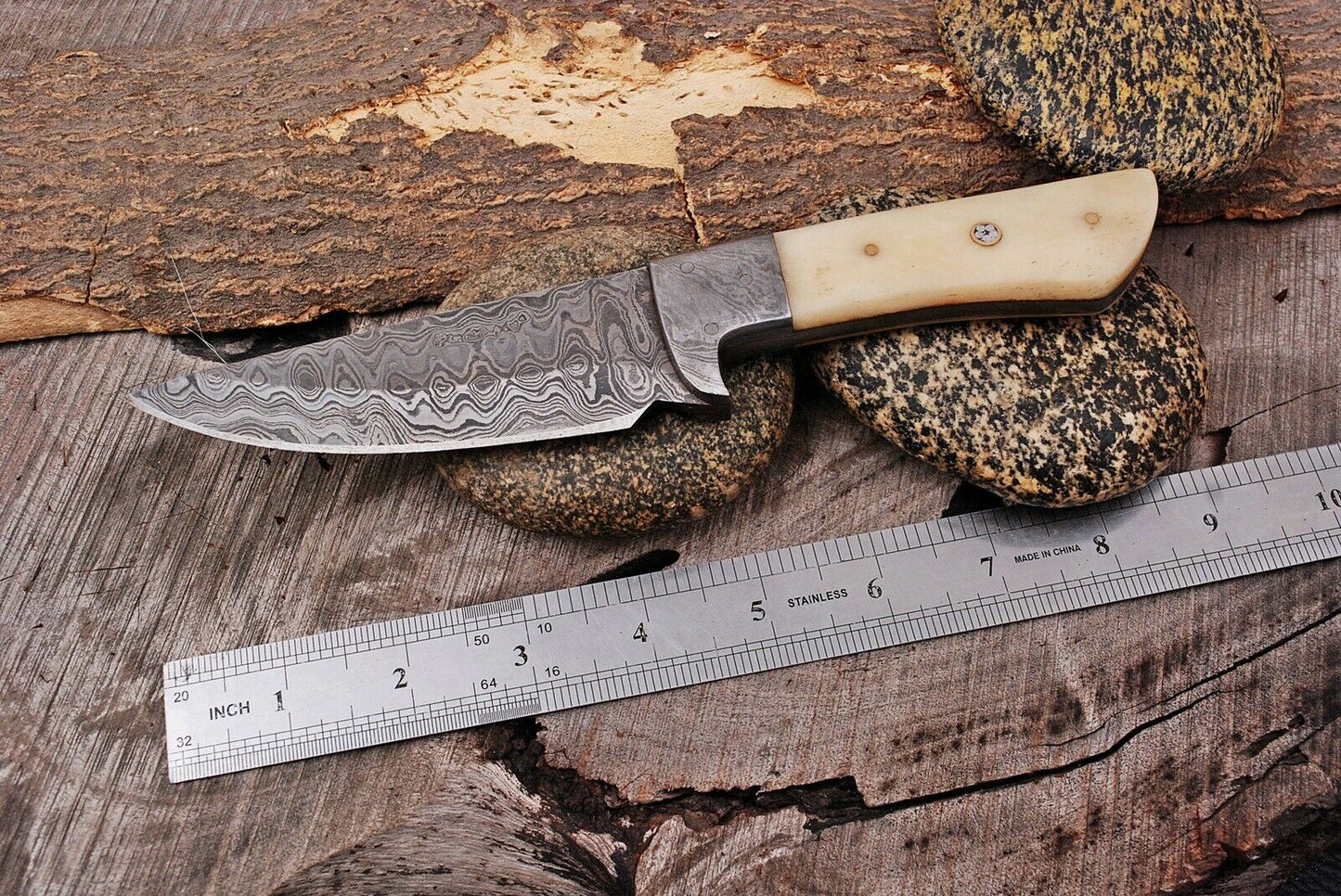 HS-433 | Custom Handmade Damascus Steel Hunitng Knife - Camel Bone Handle